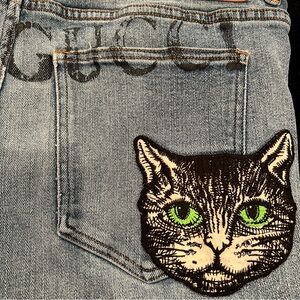 Vintage Gucci Embroidered Black Cat Denim Blue Jeans Faded Size 35 Inch Waist